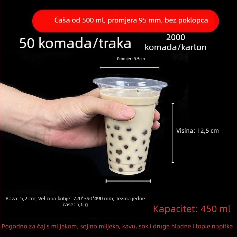 Jednokratna čaša za čaj s mlijekom i poklopcem, prozirna plastična čaša za napitke, 501–600 ml