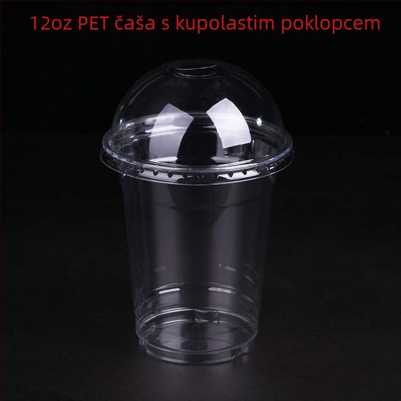 Jednokratna PET čaša, prilagodljiva fleksografskim tiskom, s poklopcem, mogućnost logotipa, za žele, jogurt, čaj s mlijekom i hladna pića