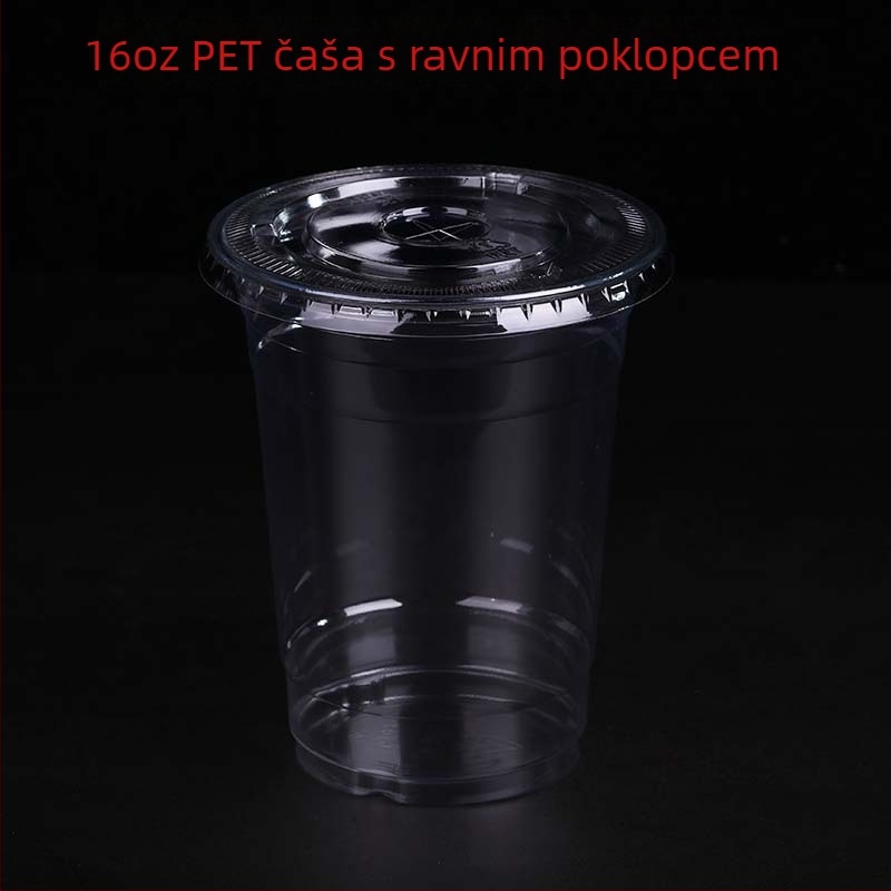 Jednokratna PET čaša, prilagodljiva fleksografskim tiskom, s poklopcem, mogućnost logotipa, za žele, jogurt, čaj s mlijekom i hladna pića
