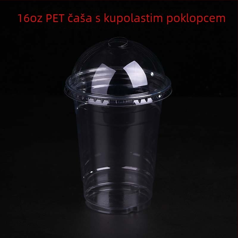 Jednokratna PET čaša, prilagodljiva fleksografskim tiskom, s poklopcem, mogućnost logotipa, za žele, jogurt, čaj s mlijekom i hladna pića