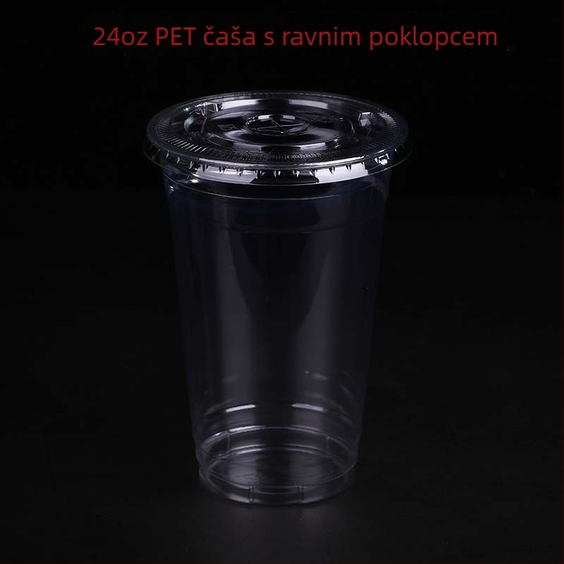 Jednokratna PET čaša, prilagodljiva fleksografskim tiskom, s poklopcem, mogućnost logotipa, za žele, jogurt, čaj s mlijekom i hladna pića