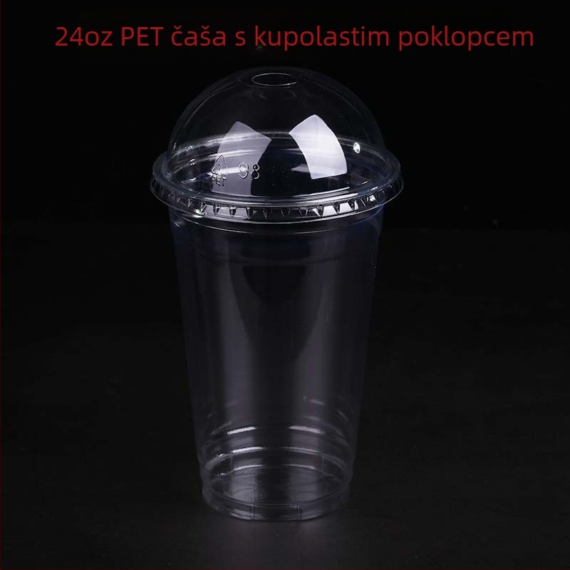 Jednokratna PET čaša, prilagodljiva fleksografskim tiskom, s poklopcem, mogućnost logotipa, za žele, jogurt, čaj s mlijekom i hladna pića