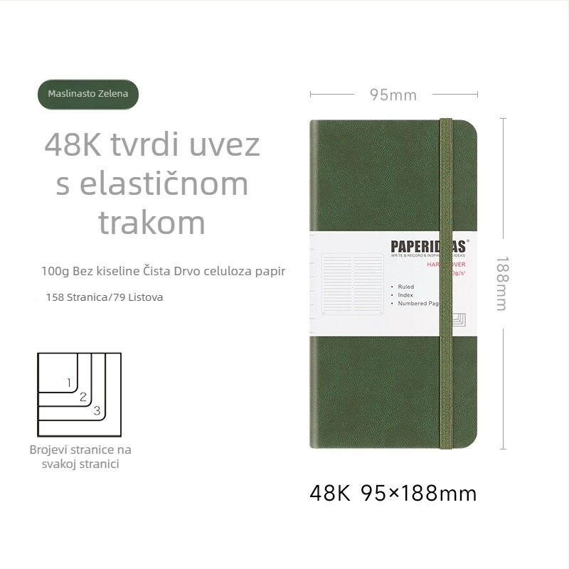 PAPERIDEAS 48K Bilježnica za studente s kvadratnom mrežom, PU kožna korica, elastično zatvaranje, džepni format