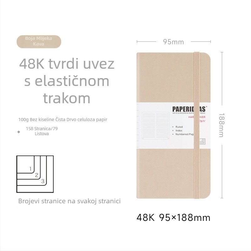PAPERIDEAS 48K Bilježnica za studente s kvadratnom mrežom, PU kožna korica, elastično zatvaranje, džepni format
