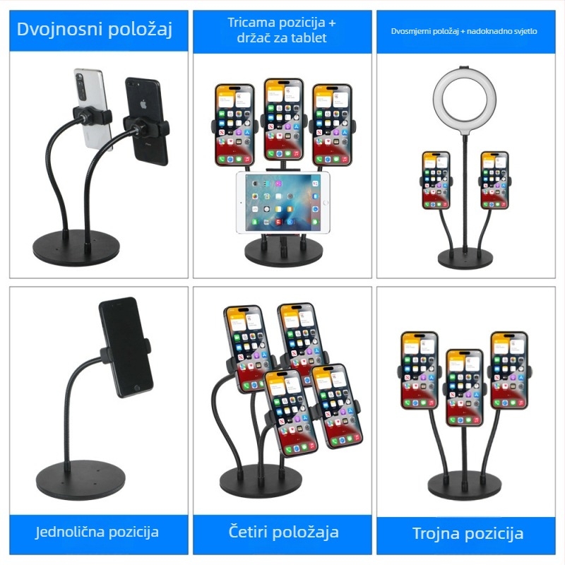 Stolni stalak za livestream s više telefona, anti-vibracijski, aluminijska legura, za opću upotrebu, vanjsku upotrebu, selfie i uživo