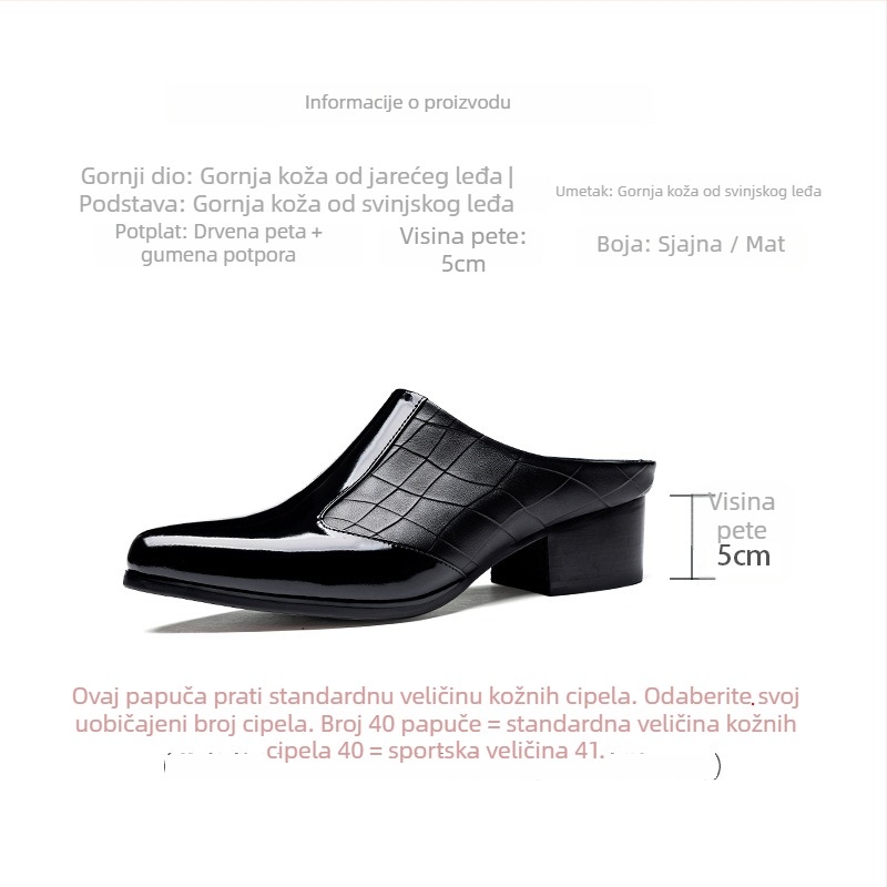 Muške papuče s zatvorenim prstom, kožna gornja, gumena potplata, slip-on, 5 cm povećanje visine