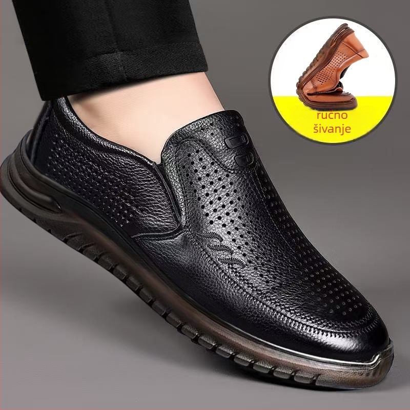 Muški slip-on loaferi, prozračni gornji dio od umjetne kože, potplat od teleće tetive, okrugli vrh, plitka peta