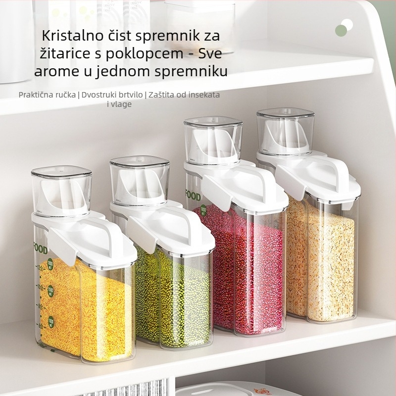 Plastična četvrtasta posuda za skladištenje riže i žitarica, zatvorena, zaštićena od insekata i vlage.