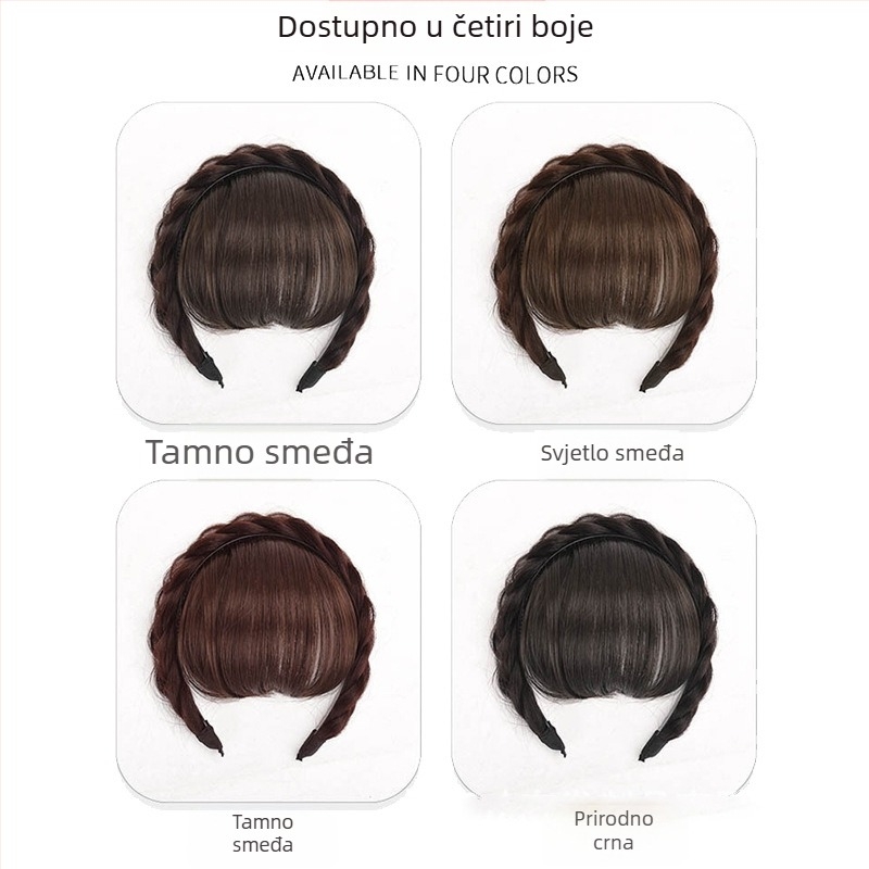 Integrirana perika s gumom za kosu i bangs – ravne šišci, pleteni dizajn trake, vlakna otporna na toplinu, dodaje volumen, nije pogodno za bojanje toplim bojama