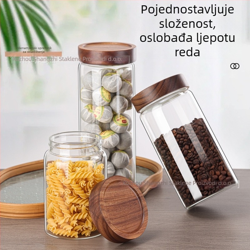 Staklena posuda za skladištenje s poklopcem od akacijina drveta, hermetički zatvorena i otporna na vlagu, za žitarice i suho voće