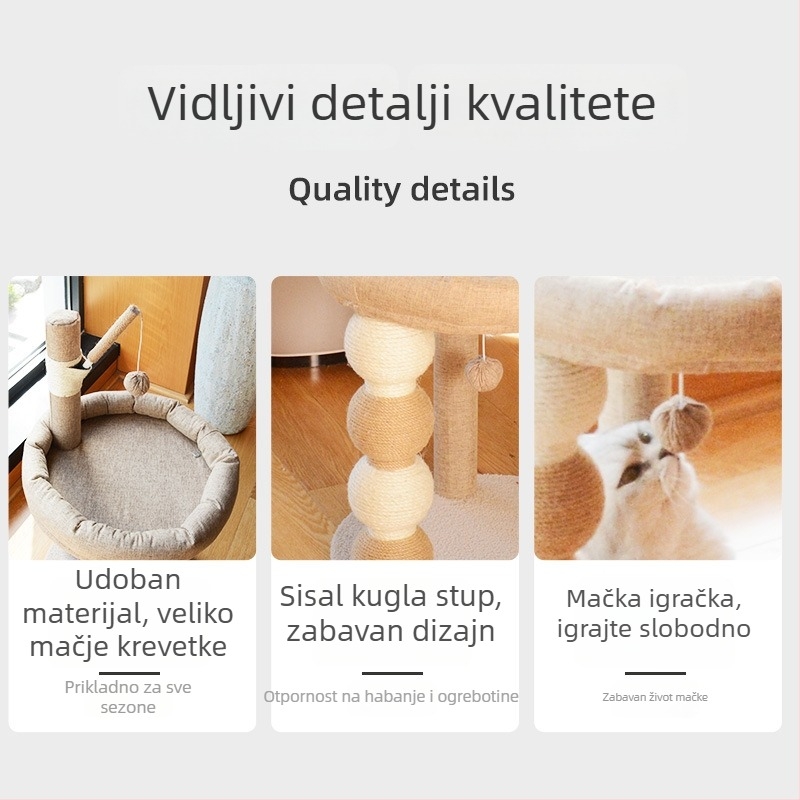 Drveno mačje stablo s integriranim gnijezdom, sisal stubom za grebanje i mačjim ležajem