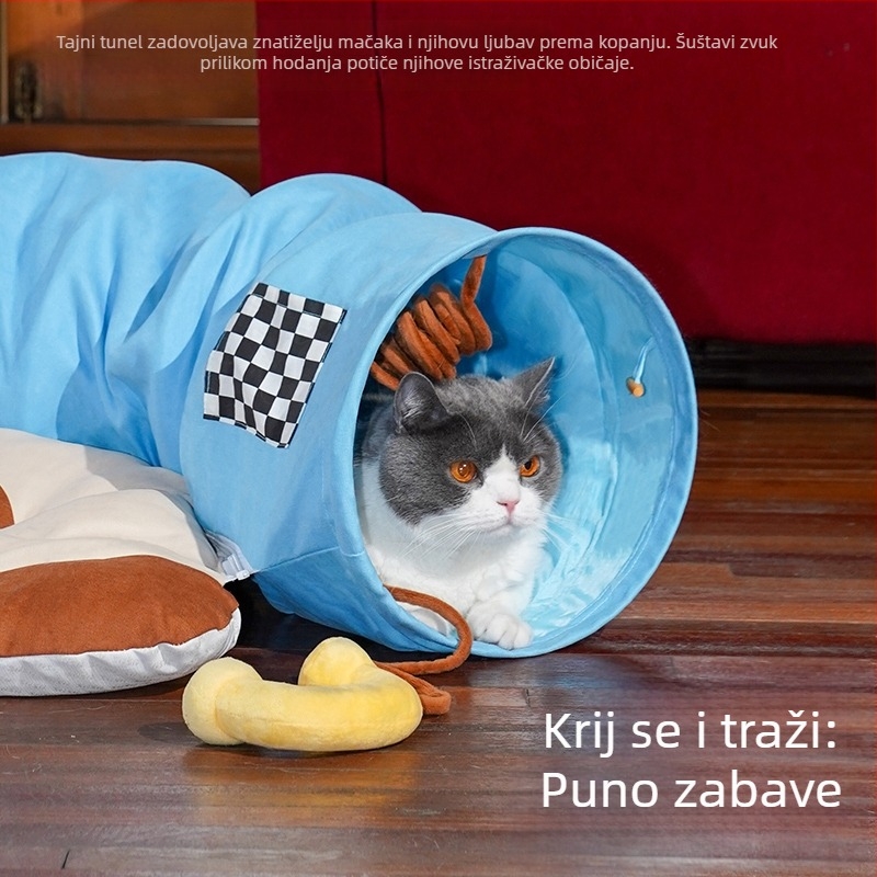 ZEZE mačje leglo s tunelom za mačke i male pse, četiri sezone, perivo, prozračno i toplo, za unutarnju upotrebu. Materijali: pliš, čelična žica, tkanina, poliester