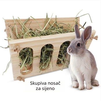Drveni držač za sijeno za male kućne ljubimce; čvrsto drvo; sklopivi; horizontalno i vertikalno vješanje; veličina S