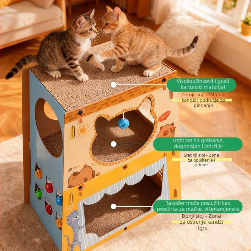 Troposlojna mačja vila s gnijezdom, dom za više mačaka i grebalica — Marka: Drugo; Materijal: Papir; Stil: Crtani