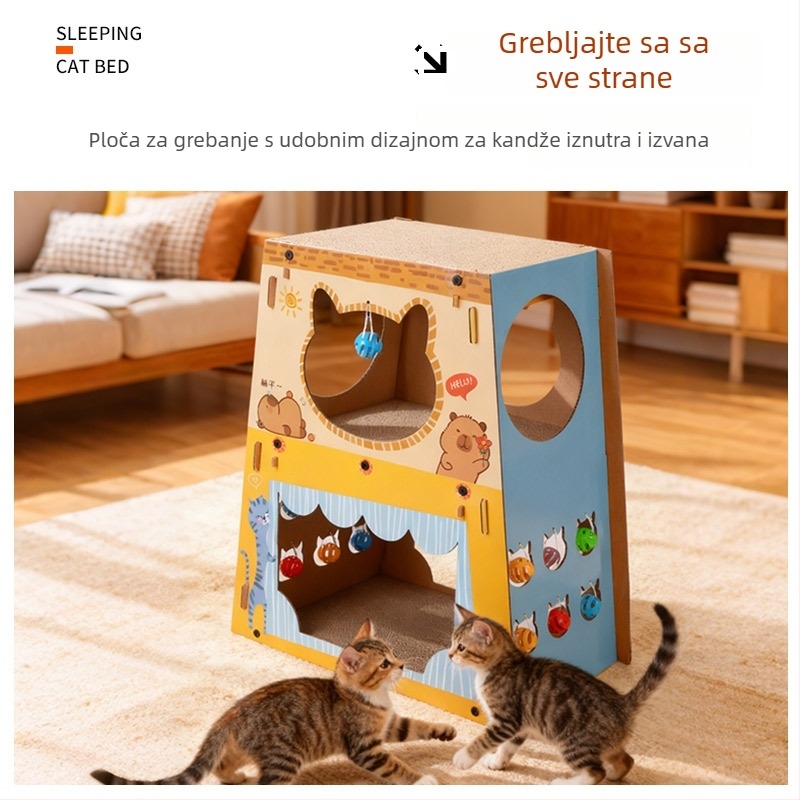 Troposlojna mačja vila s gnijezdom, dom za više mačaka i grebalica — Marka: Drugo; Materijal: Papir; Stil: Crtani