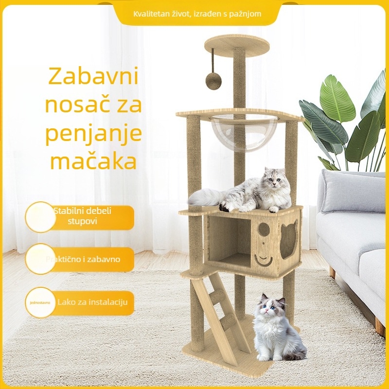 Mačje stablo od ploča guste strukture s kapsulnim gnijezdom, penjački okvir, grebalica, višeslojna vila, sisal