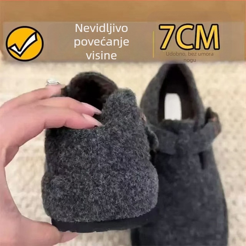 Ženske slip-on tenisice s 6 cm skrivenim unutarnjim povećanjem visine, plišasti gornji dio, unutarnja podstava od umjetnog pliša, gumena tabanica, zatvaranje na Velcro — zimsko-jesenske udobne