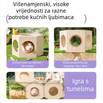 Drvena kućica za hamstere, nepravilnog oblika, dvoetažna, za unutarnju upotrebu, za odmor i skrivanje.