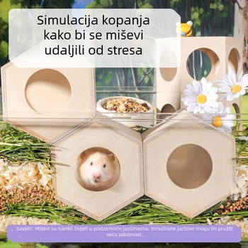 Drvena kućica za hamstere, nepravilnog oblika, dvoetažna, za unutarnju upotrebu, za odmor i skrivanje.