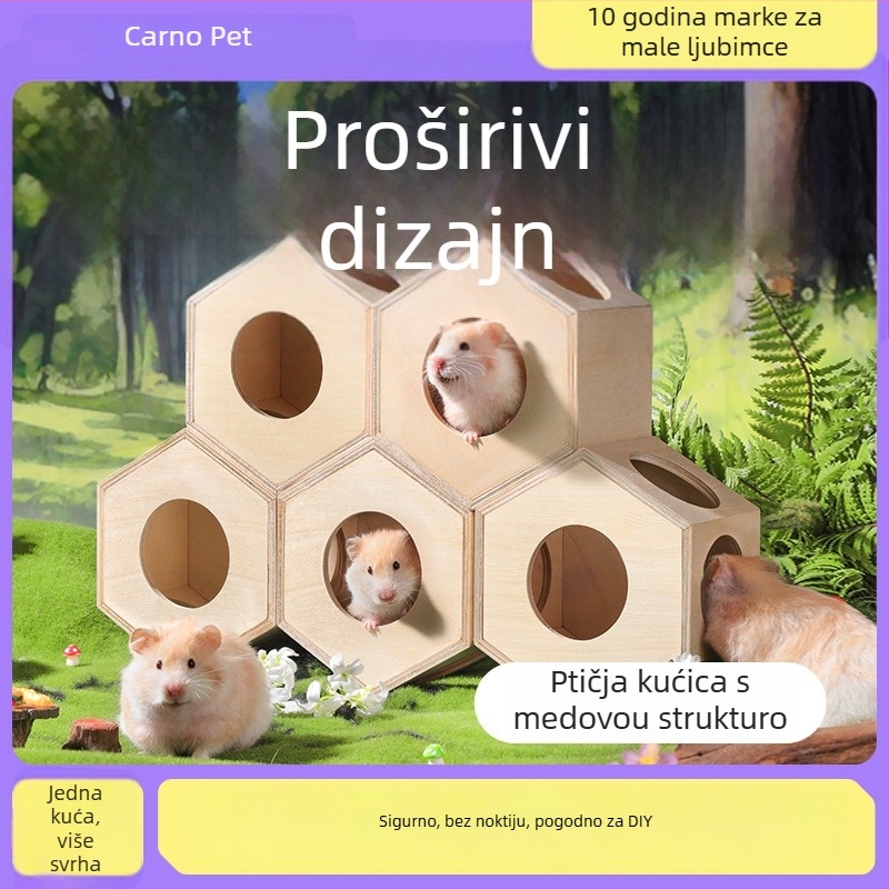 Drvena kućica za hamstere, nepravilnog oblika, dvoetažna, za unutarnju upotrebu, za odmor i skrivanje.