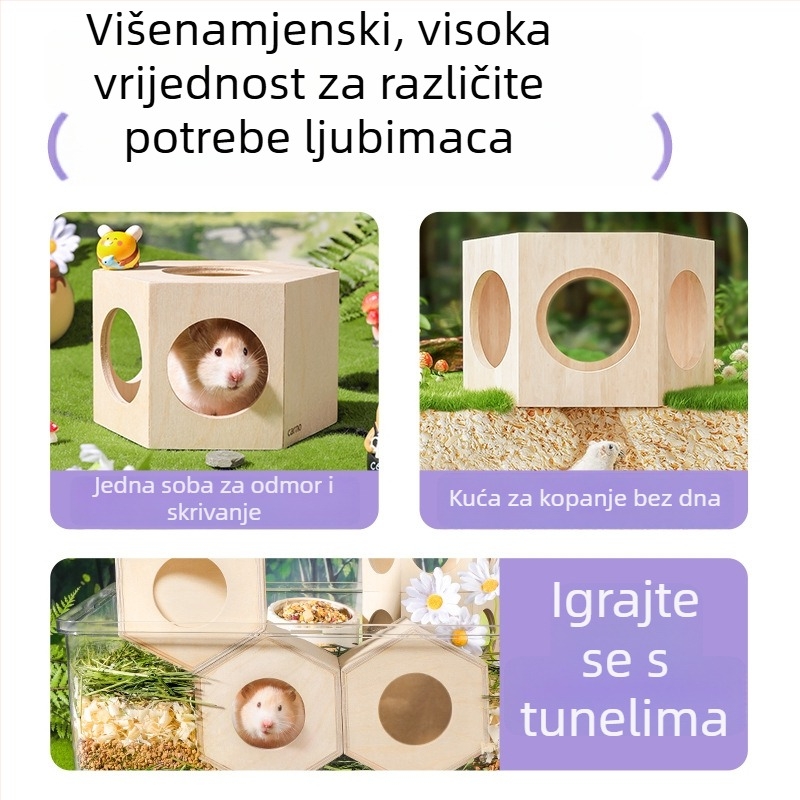 Drvena kućica za hamstere, nepravilnog oblika, dvoetažna, za unutarnju upotrebu, za odmor i skrivanje.