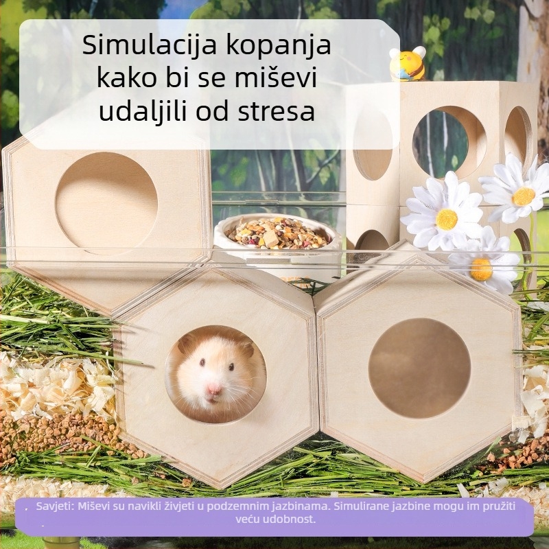 Drvena kućica za hamstere, nepravilnog oblika, dvoetažna, za unutarnju upotrebu, za odmor i skrivanje.