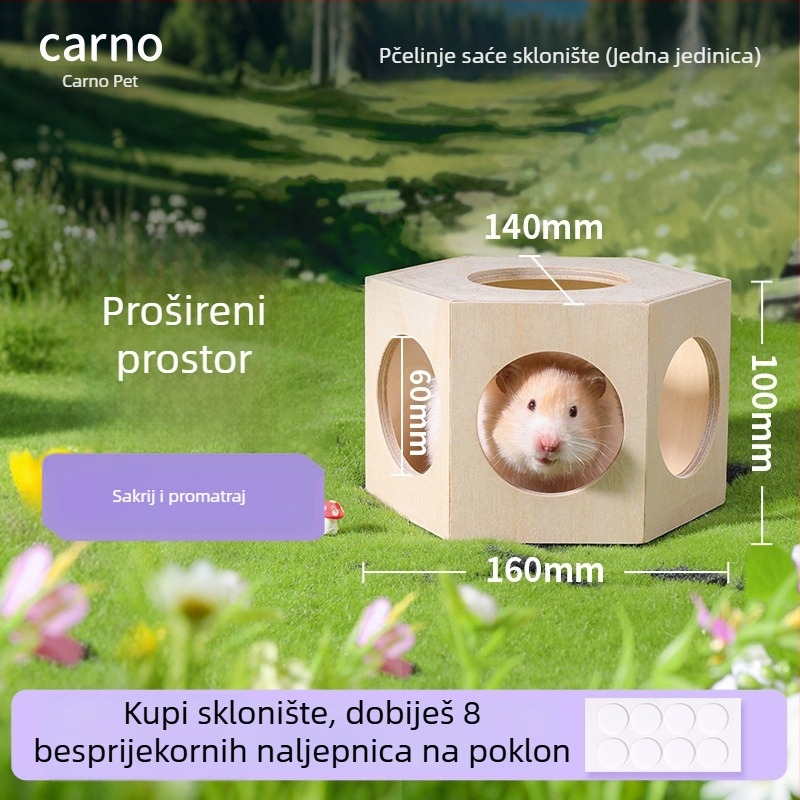 Drvena kućica za hamstere, nepravilnog oblika, dvoetažna, za unutarnju upotrebu, za odmor i skrivanje.