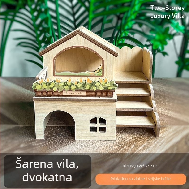 Drvena kućica sklonište za hrčka — dvoetažna kućica, drvena vila za ukrašavanje kaveza