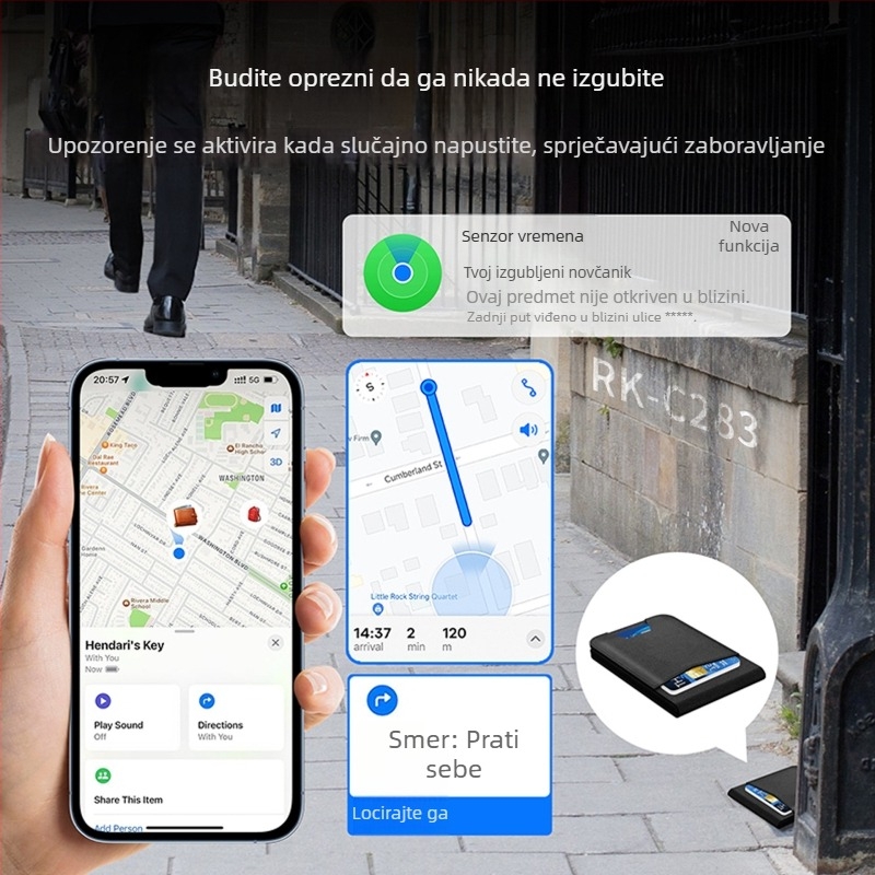 K01 Lokator držača kartica s magnetskim mehanizmom, koža + nehrđajući čelik, Bluetooth praćenje, bežično punjenje, kompatibilno s iOS-om