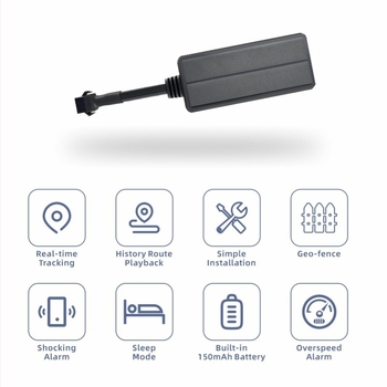 GPS tracker za automobil, model M16; točnost GPS 5 m; načini alarma: vibracija, prekid napajanja, SOS, mobilna alarma, ograda, prekoračenje brzine; dimenzije 80×39×17 mm