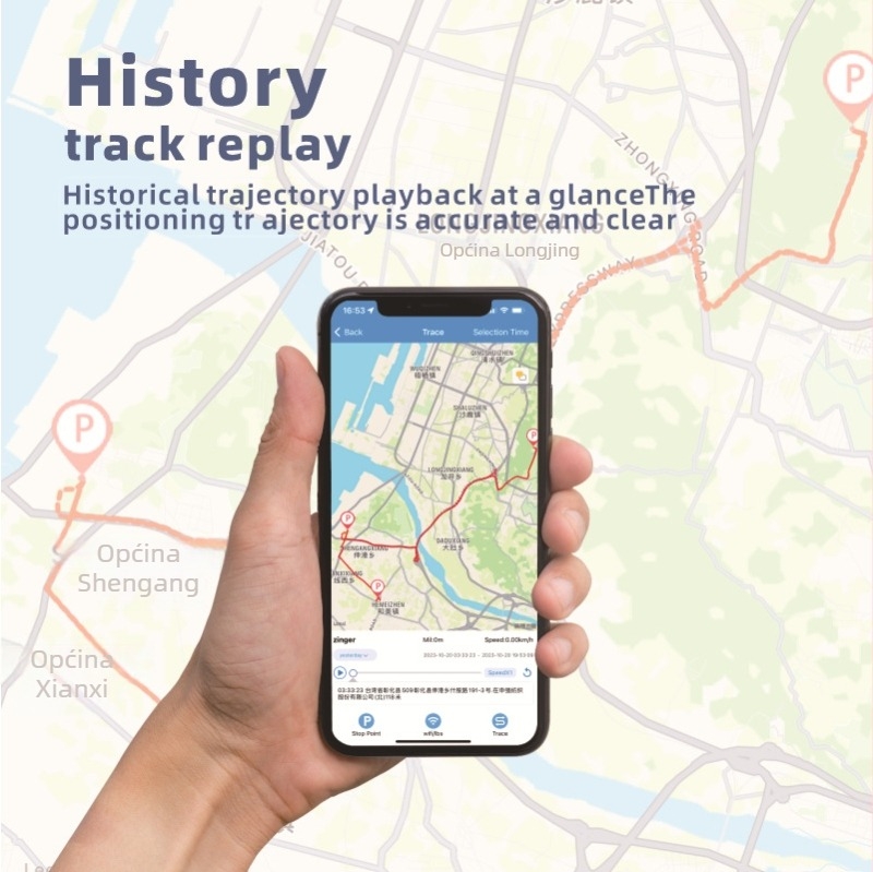 GPS tracker za automobil, model M16; točnost GPS 5 m; načini alarma: vibracija, prekid napajanja, SOS, mobilna alarma, ograda, prekoračenje brzine; dimenzije 80×39×17 mm