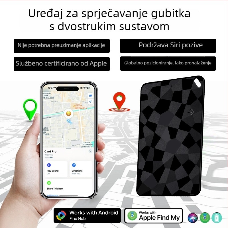 Dualni sustav GPS tracker za iOS i Android – kartični lokator protiv gubitka, model K18, ABS, 31 g, 100 mAh, bežično punjenje