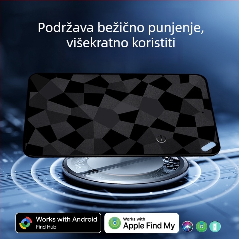 Dualni sustav GPS tracker za iOS i Android – kartični lokator protiv gubitka, model K18, ABS, 31 g, 100 mAh, bežično punjenje
