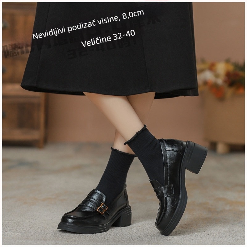 Kožni loaferi s 8,0 cm povećanjem visine, okrugli vrh, debeli pet, slip-on s kopčom