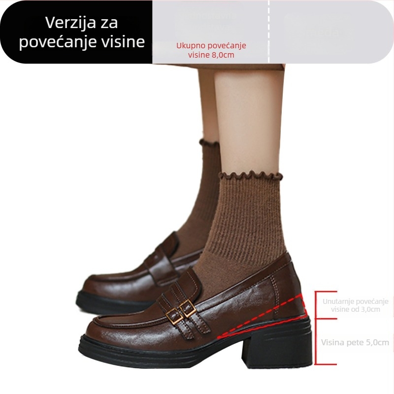 Kožni loaferi s 8,0 cm povećanjem visine, okrugli vrh, debeli pet, slip-on s kopčom