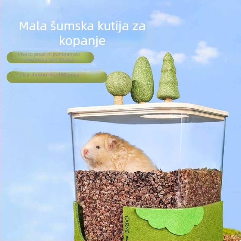 Kutija gnijezda za hrčka s kopanjem — mini šuma od filca, kućica za promatranje i skrivanja; materijali: lipova višeslojna ploča i filc