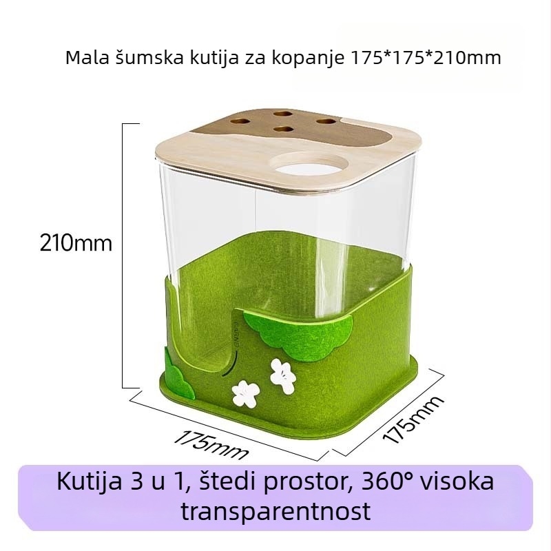 Kutija gnijezda za hrčka s kopanjem — mini šuma od filca, kućica za promatranje i skrivanja; materijali: lipova višeslojna ploča i filc