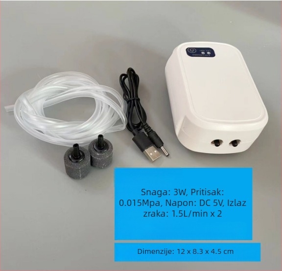 Pumpa za kisik akvarija - USB Li-ion baterija, prijenosna za vanjsku upotrebu, DC napajanje, težina 0.5 kg, buka 10 dB
