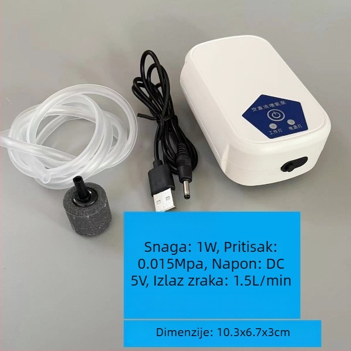 Pumpa za kisik akvarija - USB Li-ion baterija, prijenosna za vanjsku upotrebu, DC napajanje, težina 0.5 kg, buka 10 dB