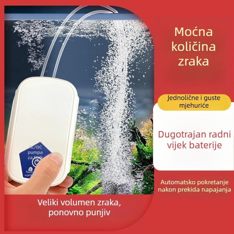 Pumpa za kisik akvarija - USB Li-ion baterija, prijenosna za vanjsku upotrebu, DC napajanje, težina 0.5 kg, buka 10 dB