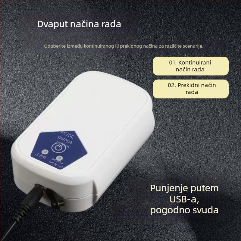 Pumpa za kisik akvarija - USB Li-ion baterija, prijenosna za vanjsku upotrebu, DC napajanje, težina 0.5 kg, buka 10 dB