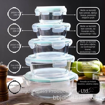 Kutija za ručak od borosilikatnog stakla, pravokutna, otporna na toplinu, mikrovalasno sigurna, s poklopcem, tri odjeljka; kapaciteti 301–500 ml, 501–800 ml, 800–1000 ml, 1–2 L