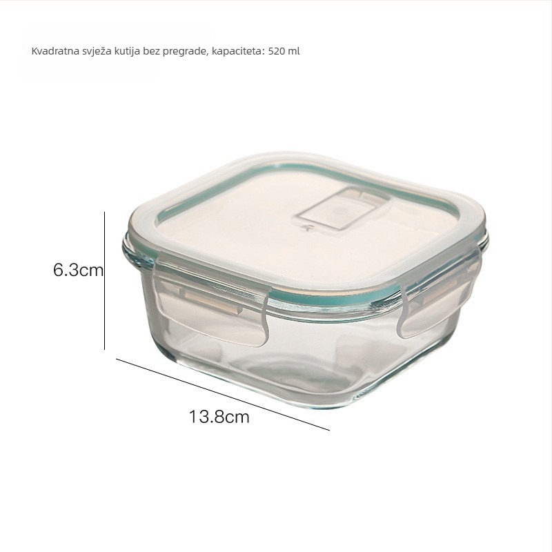 Kutija za ručak od borosilikatnog stakla, pravokutna, otporna na toplinu, mikrovalasno sigurna, s poklopcem, tri odjeljka; kapaciteti 301–500 ml, 501–800 ml, 800–1000 ml, 1–2 L