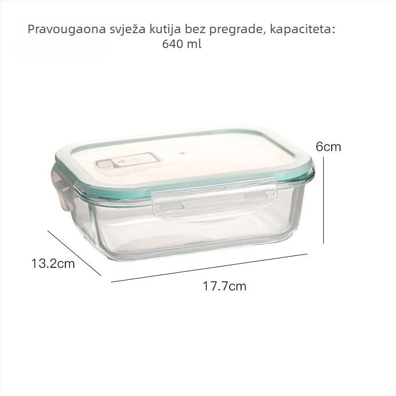 Kutija za ručak od borosilikatnog stakla, pravokutna, otporna na toplinu, mikrovalasno sigurna, s poklopcem, tri odjeljka; kapaciteti 301–500 ml, 501–800 ml, 800–1000 ml, 1–2 L