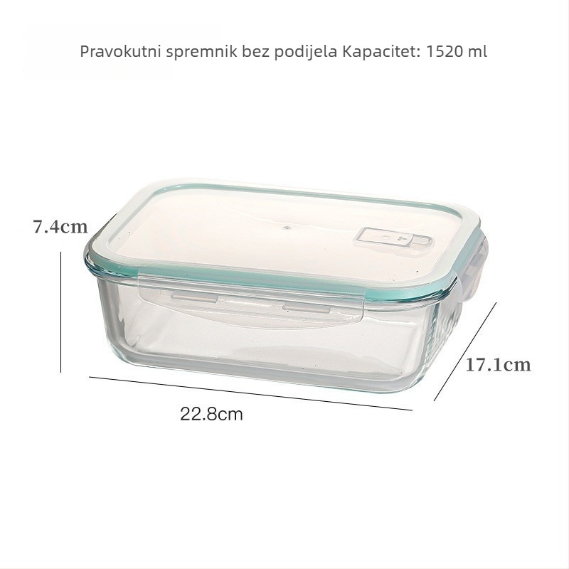 Kutija za ručak od borosilikatnog stakla, pravokutna, otporna na toplinu, mikrovalasno sigurna, s poklopcem, tri odjeljka; kapaciteti 301–500 ml, 501–800 ml, 800–1000 ml, 1–2 L