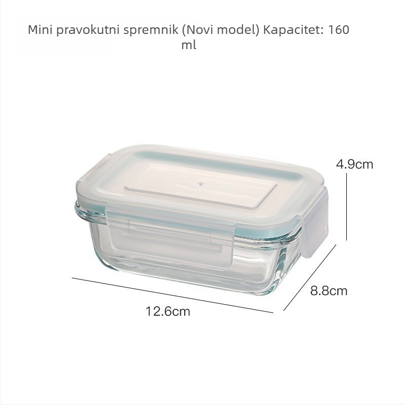 Kutija za ručak od borosilikatnog stakla, pravokutna, otporna na toplinu, mikrovalasno sigurna, s poklopcem, tri odjeljka; kapaciteti 301–500 ml, 501–800 ml, 800–1000 ml, 1–2 L