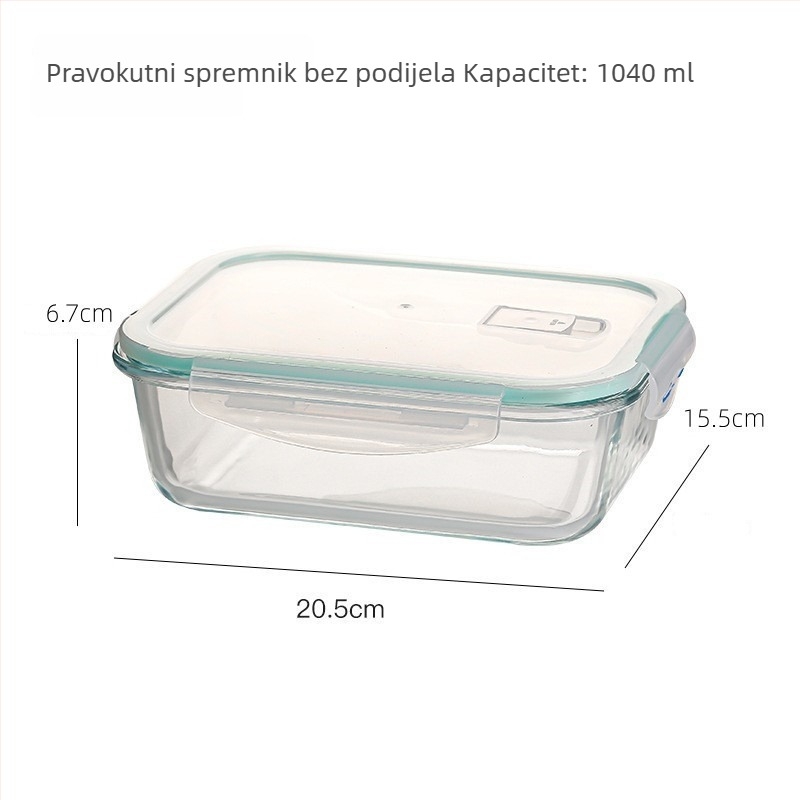 Kutija za ručak od borosilikatnog stakla, pravokutna, otporna na toplinu, mikrovalasno sigurna, s poklopcem, tri odjeljka; kapaciteti 301–500 ml, 501–800 ml, 800–1000 ml, 1–2 L