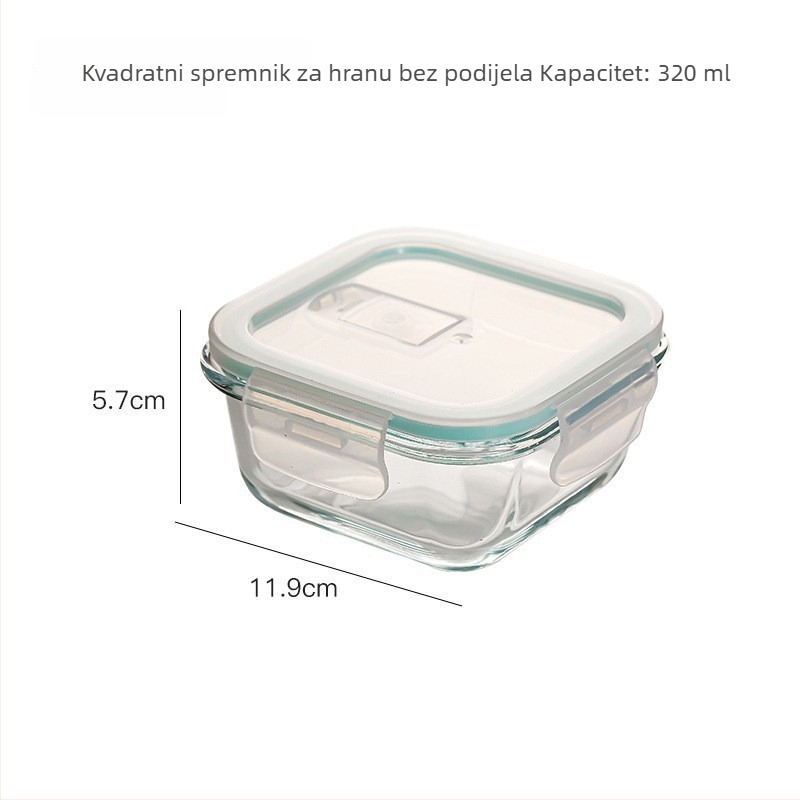 Kutija za ručak od borosilikatnog stakla, pravokutna, otporna na toplinu, mikrovalasno sigurna, s poklopcem, tri odjeljka; kapaciteti 301–500 ml, 501–800 ml, 800–1000 ml, 1–2 L