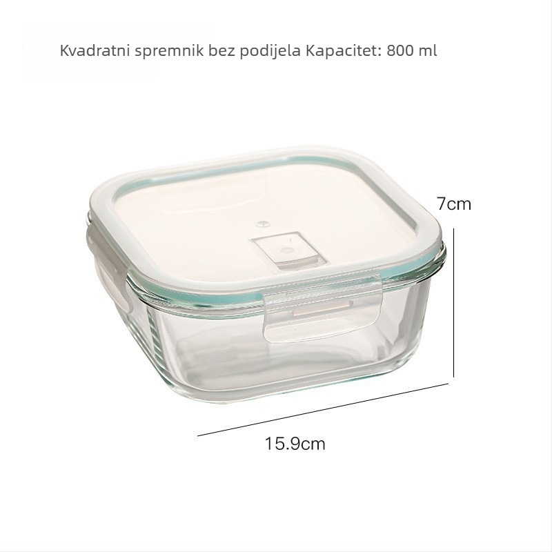 Kutija za ručak od borosilikatnog stakla, pravokutna, otporna na toplinu, mikrovalasno sigurna, s poklopcem, tri odjeljka; kapaciteti 301–500 ml, 501–800 ml, 800–1000 ml, 1–2 L