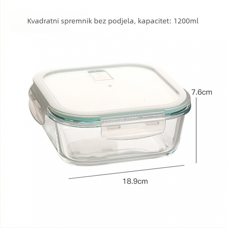 Kutija za ručak od borosilikatnog stakla, pravokutna, otporna na toplinu, mikrovalasno sigurna, s poklopcem, tri odjeljka; kapaciteti 301–500 ml, 501–800 ml, 800–1000 ml, 1–2 L